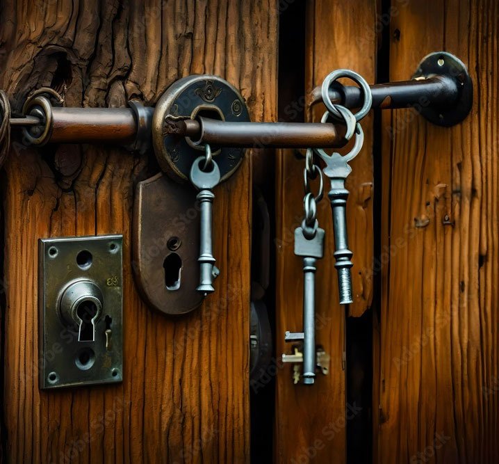 Vintage keys hanging on rustic wooden door
