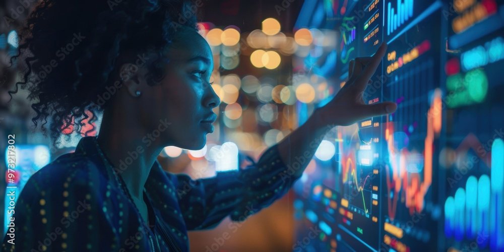 Woman analyzing digital data on screen at night.